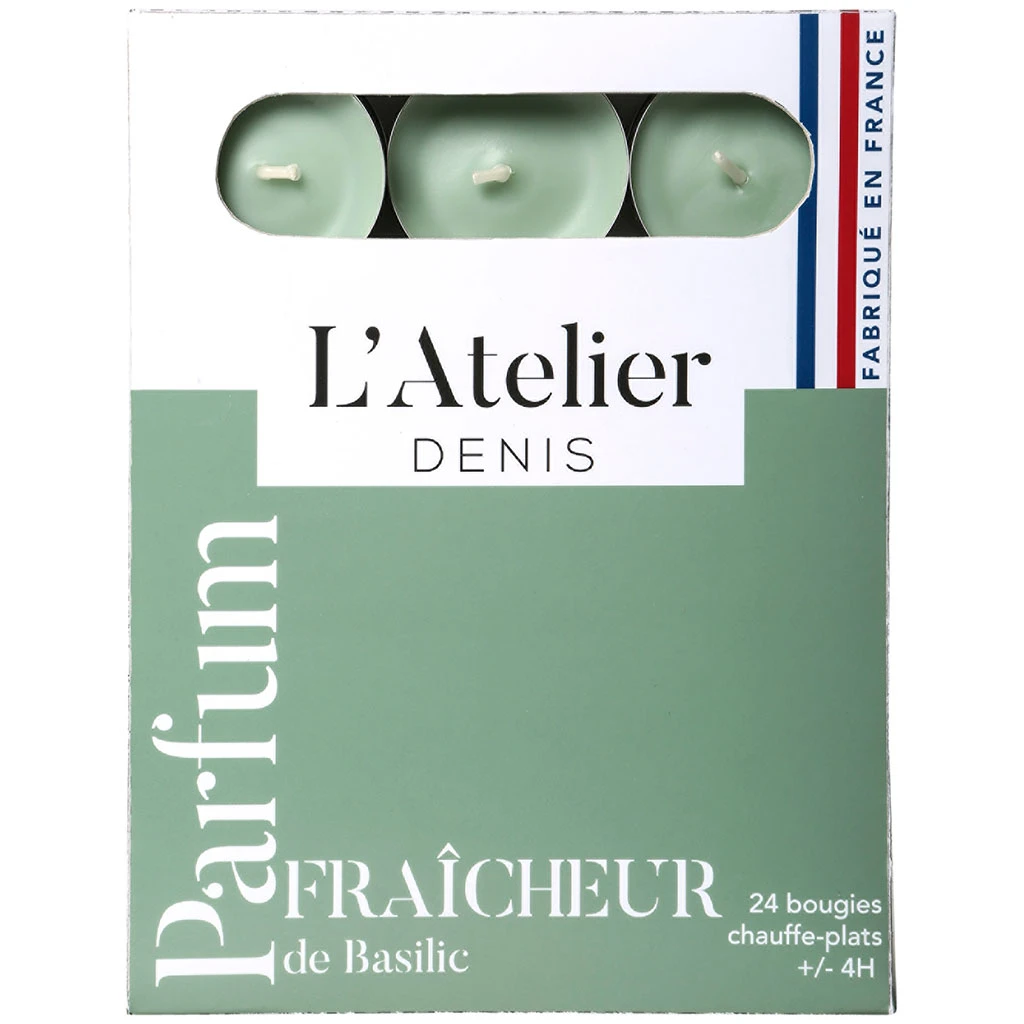 Atelier Denis Boite De 24 Bougies Chauffe-plats Parfumés Fraicheur Basilic - Vert 1 Atelier Denis Boite De 24 Bougies Chauffe-plats Parfumés Fraicheur Basilic - Vert
